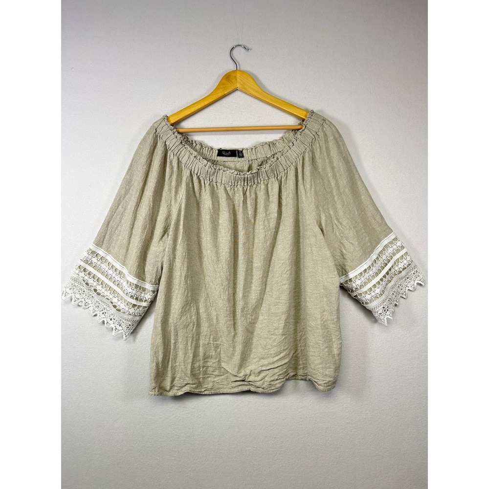 Boho Cottagecore‎ Ella Rafaella Womens 3X Beige Linen Blend Lace Peasant Blouse
